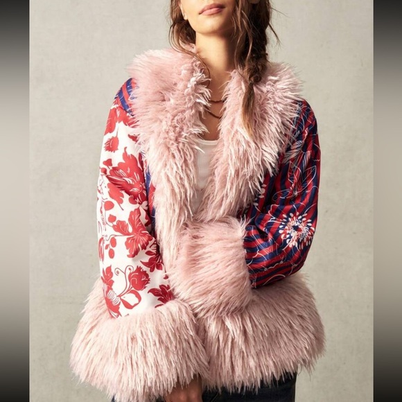 Luxe boho floral print fur coat jacket - Picture 1 of 8